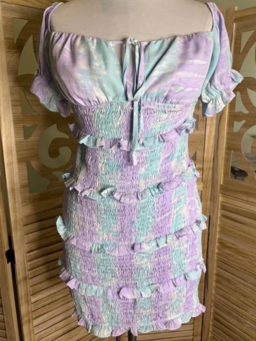 Lillys kloset medium Smocked Ruffle Mini Dress Pastel Lavender Mint ruched tier